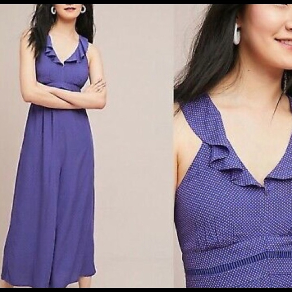 Anthropolgie dotted ruffle tank wide leg jumpsuit